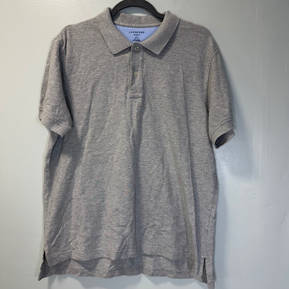 Lands End Mens Tailored Fit Polo Shirt Gray Cotton Pique Short‎ Sleeve Large L